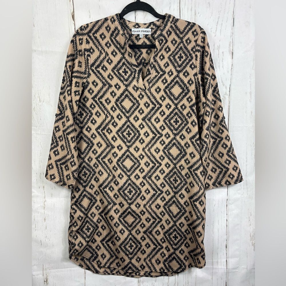 Almost Famous Tunic Dress Roll Tab Sleeves Aztec - Picture 3 of 6